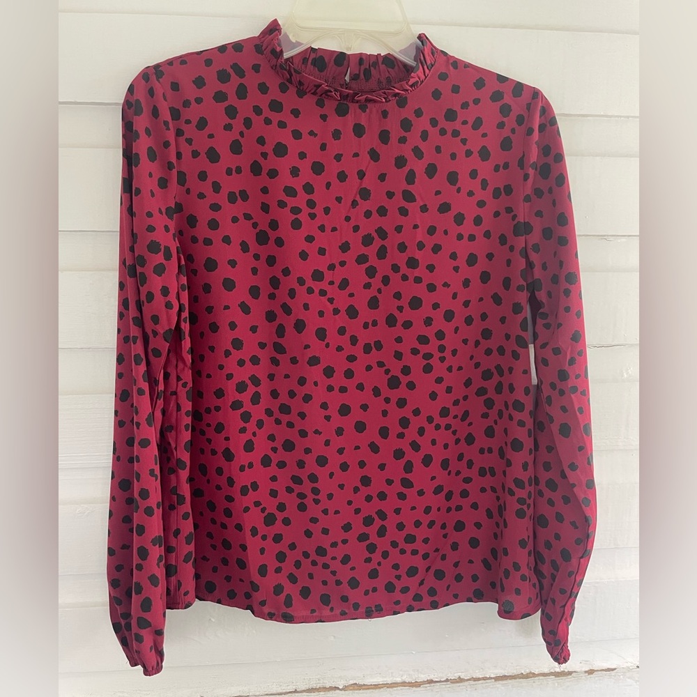 Shein Burgundy & Black Ruffle High Neck Blouse Top Size S / 4